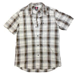 Quiksilver Button Up Shirt Men’s Large Plaid Brown Tan Short Sleeve Casual